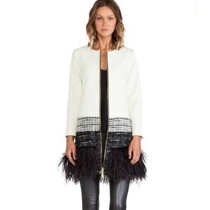 NWT MILLY Ivory Black Feather Trim Jacket 6